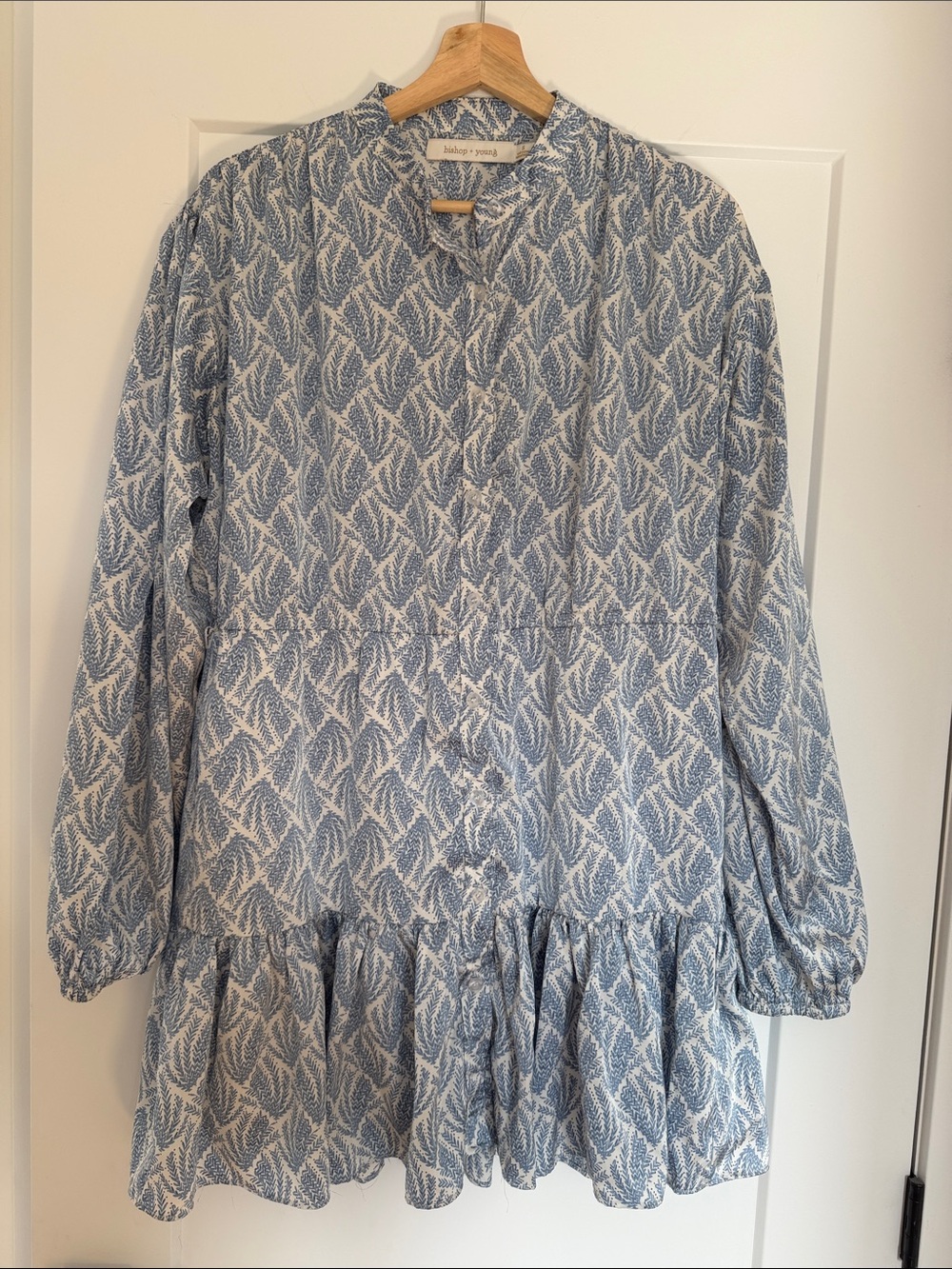 bishop + young Blue and White Leaf-Print Tiered Mini Dress